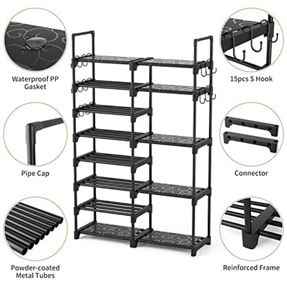 ROJASOP Shoe Rack Organizer, 8-Tier Metal Shoe Rack for Closet Entryway Garage, 26-32 Pairs Tall Shoe Boot Storage Shelf with 15 Hooks, Stackable Large Shoe Stand