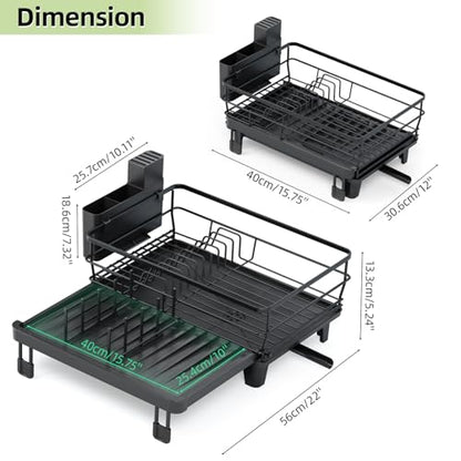 TOOLF Expandable Dish Drying Rack for Kitchen Counter, Black | Extendable 12"-22"W, Fast Draining, Large Capacity, Fits Large Plates, Utensil Holder, 3-4 People Family