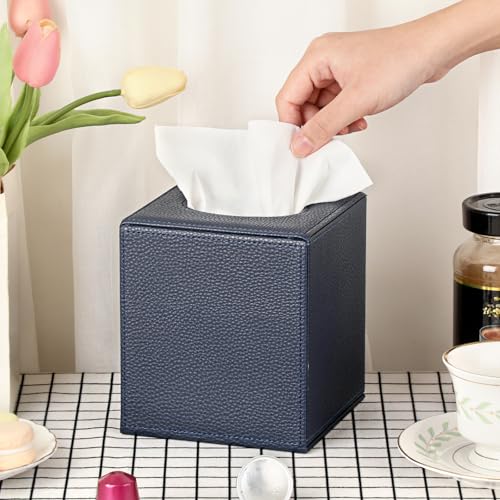 Sumnacon Tissue Box Cover Square,Magnetic Bottom PU Tissue Box Holder,Blue | Stylish Cube Leather Tissue Cover,Lychee Pattern, Decorative Tissue Box Covers for Living Room Bathroom Table Desk Office Car