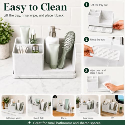 Silicone Bathroom Counter Organizer, Toothbrush Holder with Drainage Tray | 4 Slots Bathroom Countertop Storage Organizer Caddy, Toothpaste And Electric Tooth Brush Holder for Sink Vanity, White Marble