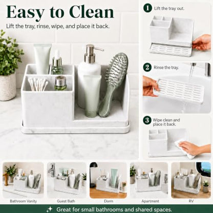 Silicone Bathroom Counter Organizer, Toothbrush Holder with Drainage Tray | 4 Slots Bathroom Countertop Storage Organizer Caddy, Toothpaste And Electric Tooth Brush Holder for Sink Vanity, White Marble
