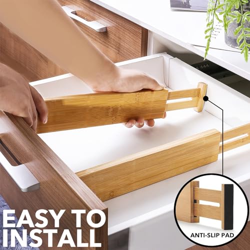 SpaceAid 4 Pack Bamboo Drawer Dividers with Labels, Kitchen Adjustable Drawer Organizers, Expandable Organization for Home Clothes Dressers (17-22 in, Natural)