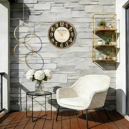Waterproof Outdoor Wall Clock 12in Silent Patio Pool Black Gold Decor | WISKALON Glass Retro Vintage Battery Operated Non-Ticking Quartz Analog For Room Office
