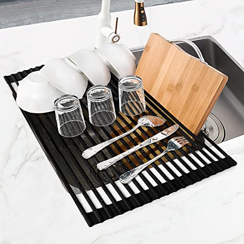 Roll Up Dish Drying Rack Silicone Wrapped Over The Sink Dish Drying Rack Multipurpose Foldable Sink Drying Mat Anti-Slip & Anti-Rust Dish Rack for Kitchen, 17.5" x 13", Black