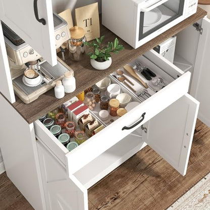 GRUSIGN 71" Pantry Cabinet with Charging Station, Large Capacity Kitchen Hutch Storage Cabinet, Kitchen Cabinet with Microwave Stand, Storage Drawers & Adjustable Shelves for Dining Room, White