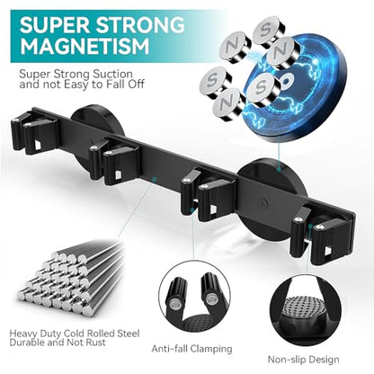 Magnetic Mop Broom Holder, Strong Non Slip Magnetic Broom Mop Hanger, Heavy Duty Magnetic Hooks for Hanging Shovel Rake Tools, Wall Mounted Utility Storage Magnet Rack 4 Rack