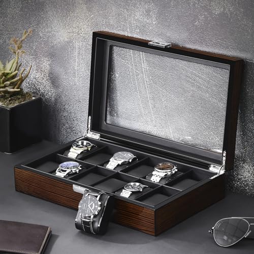 BEWISHOME Watch Case, 12-Slot Watch Box Organizer with Large Glass Lid | Watch Cases for Men, Wooden Watch Boxes, Removable Watch Pillows, Watch Storage, Synthetic Leather Interior, Brown SSH12Y