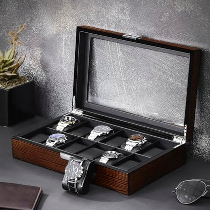 BEWISHOME Watch Case, 12-Slot Watch Box Organizer with Large Glass Lid | Watch Cases for Men, Wooden Watch Boxes, Removable Watch Pillows, Watch Storage, Synthetic Leather Interior, Brown SSH12Y
