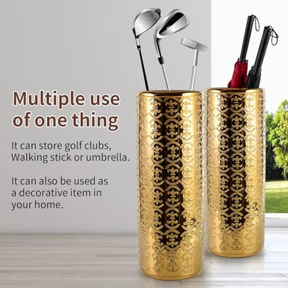 ZOEJADE 24" H Golden Ceramic Umbrella Holder Entryway Decor Umbrella Stand | Shining Luxury Style Indoor Decor Porcelain Large Floor Vase for Storing Umbrellas Walking Sticks Canes Golf Clubs