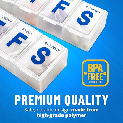 Weekly Pill Organizer - 7-Day Pill Planner Extra Large Pill Planner and Daily Pill Organizer and Medicine Reminder, Monday to Sunday Compartments - BPA Free - Travel Pill Box Case (Pack of 4)