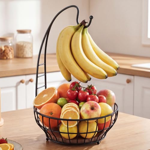 Large Capacity Fruit Basket for Kitchen Counter with Banana Hanger and Wooden Base, Large Countertop Fruit and Vegetable Storage Holder