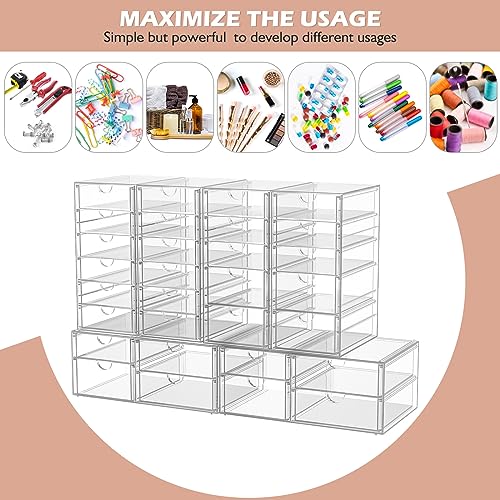 4-Pack 22-Drawer Acrylic Storage & Makeup Organizer for Desk | Smooth-glide drawers, clear acrylic, stackable, dustproof, wipe clean, for office supplies, pens, paper clips, thumb drives
