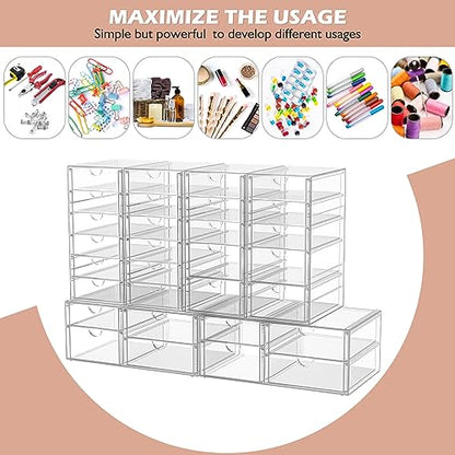 4-Pack 22-Drawer Acrylic Storage & Makeup Organizer for Desk | Smooth-glide drawers, clear acrylic, stackable, dustproof, wipe clean, for office supplies, pens, paper clips, thumb drives