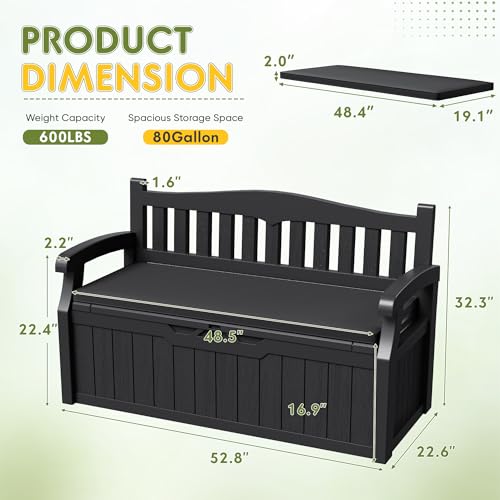 Greesum 80 Gallon Outdoor Storage Bench Deck Box,Black | with Cushion & Armrest, Lockable, Waterproof UV Resistant, Comfortable Seating for Patio, Pool, Garden