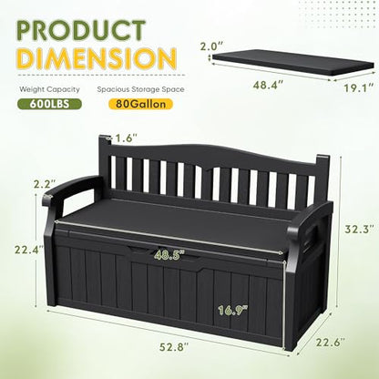Greesum 80 Gallon Outdoor Storage Bench Deck Box,Black | with Cushion & Armrest, Lockable, Waterproof UV Resistant, Comfortable Seating for Patio, Pool, Garden