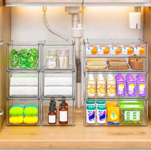6-Pack Acrylic Stackable Storage Drawers for Vanity, Desk, Bath | 2 large & wide 13" drawers, Smooth-glide, stackable, clear body, dustproof, wipe clean, for makeup, pantry jars, under sink