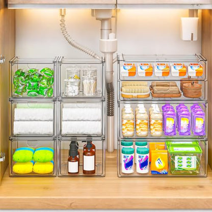 6-Pack Acrylic Stackable Storage Drawers for Vanity, Desk, Bath | 2 large & wide 13" drawers, Smooth-glide, stackable, clear body, dustproof, wipe clean, for makeup, pantry jars, under sink