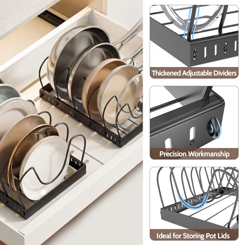 2PACK Pot Lid Organizers Inside Cabinet for Kitchen, Pots and Pans Organizer Under Cabinet with 16 Adjustable Dividers, Countertop Lid Holder, Rust-Resistant, Tool-Free Installation, Easy to Clean