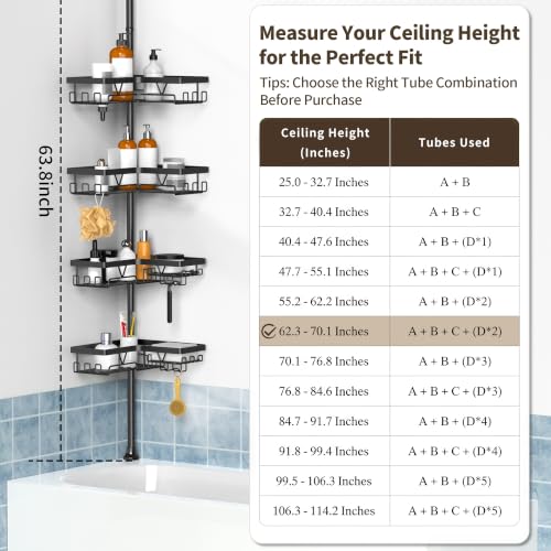 KEGII Corner Shower Caddy Tension Pole, Large Capacity Bathroom Organizer | 28 Hooks with Soap and Razor Holders, Heavy Duty 4-Tier Shelves for Family Bathtubs and Renters, Adjustable 25-114.2 inch