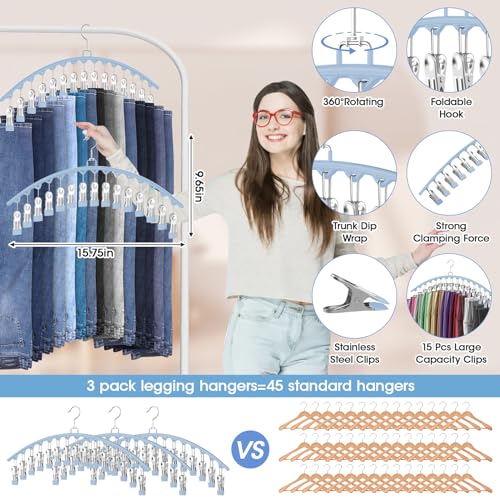 3 Pack Legging Organizer for Closet Hanging, Pants Hangers with Clips Metal | Holds 45 Leggings, Shorts, Skirt, Jeans, Hat, Pants Hangers Space Saving Clothes Racks Closet Organizers and Storage Blue