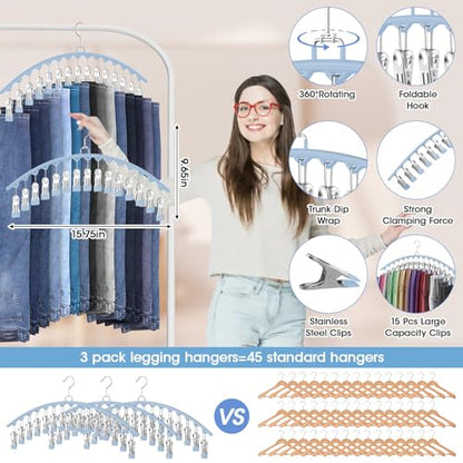 3 Pack Legging Organizer for Closet Hanging, Pants Hangers with Clips Metal | Holds 45 Leggings, Shorts, Skirt, Jeans, Hat, Pants Hangers Space Saving Clothes Racks Closet Organizers and Storage Blue