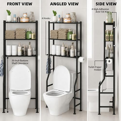 3-Tier Over Toilet Storage, Anti-Tilt, 64" H, Black | Anti-Tilt Safety System, 150lb Capacity, Carbon Steel, Freestanding, No Drilling, Anti-Rust Coating, Paper Holder & 4 Hooks