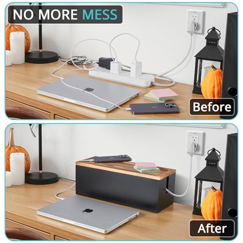 Large Cable Management Box, Wooden Cord Organizer Box for Desk, Floor, Office to Hide Extension Cords Power Stripes Surge Protectors Chargers Wires, Black