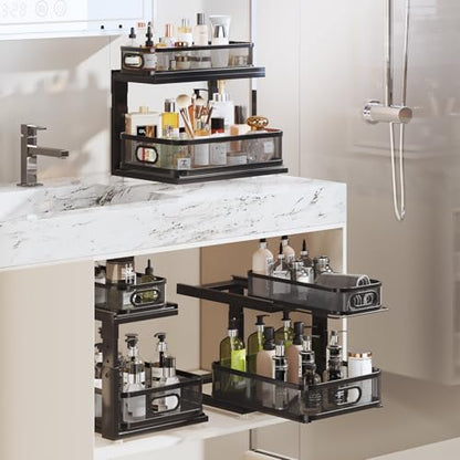 2 Pack Under Sink Organizer With Next-Gen Ball-Bearing Slides,2-Tier Precision Mesh Pull Out Cabinet Shelf Storage for Bathroom&Kitchen,Slide Out Drawers Height Adjustable,Rust-resistant
