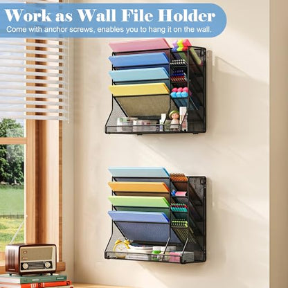 Jakyitvi Adjustable 5 Tiers Wall File Organizer Metal Hanging Holder Black | 5 tiers desk paper organizer, folder holder wall mount, mail organizer for home office, hanging document tray