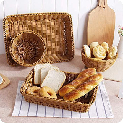 2 Pack Woven Bread Basket, Plastic Wicker Fruit Baskets 15.7 x 11.4 Inch, Imitation Rattan Food Serving Trays for Vegetables, Kitchen, Restaurant, Outdoor, Brown