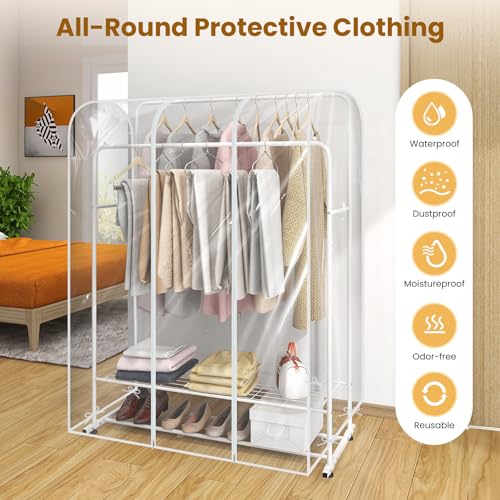 Garment Rack Cover waterproof ransparent Clothes Rack Cover, PEVA Dustproof Wardrobe Hanging Protector Rack Organizer with 2 Smooth Zipper (60 * 20 * 60inch)