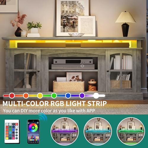 LED Farmhouse TV Stand for 75 Inch w/Outlets, Mode... (Grey | Engineered Wood)