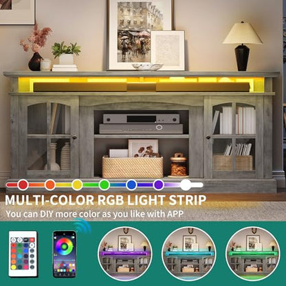 LED Farmhouse TV Stand for 75 Inch w/Outlets, Mode... (Grey | Engineered Wood)
