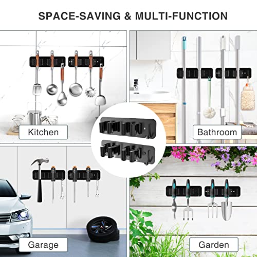 homeasy Wall Mount Mop and Broom Holder, Heavy Duty Stainless Steel Organizer Rack with Hooks | 2-Pack, 2-in-1 No Drill & Screw Installation, Black
