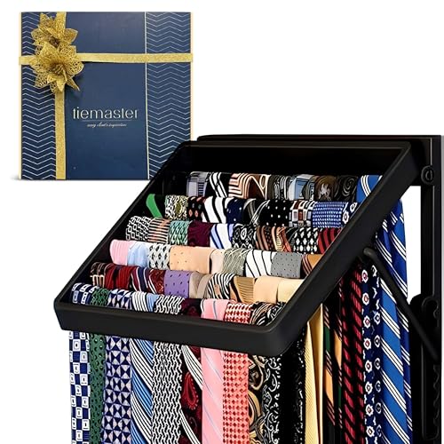 TieMaster Wall Mounted Tie Rack and Scarf Organizer with 5 Belt Hooks | Battery-Free, Holds 60 Ties and Scarves, Easy Installation, Sleek Durable Plastic Design for closet, Gift for Men and Women