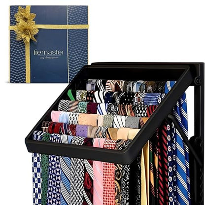 TieMaster Wall Mounted Tie Rack and Scarf Organizer with 5 Belt Hooks | Battery-Free, Holds 60 Ties and Scarves, Easy Installation, Sleek Durable Plastic Design for closet, Gift for Men and Women