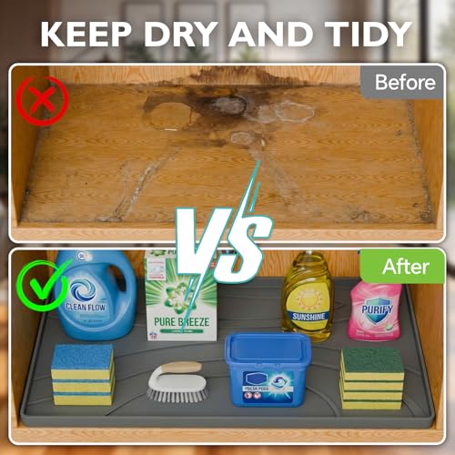 Under Sink Mat 34" x 22", Silicone Under Sink Liner for Kitchen and Bathroom, Waterproof Cabinet Protector Drip Tray, Protects Cabinets from Leaks and Spills
