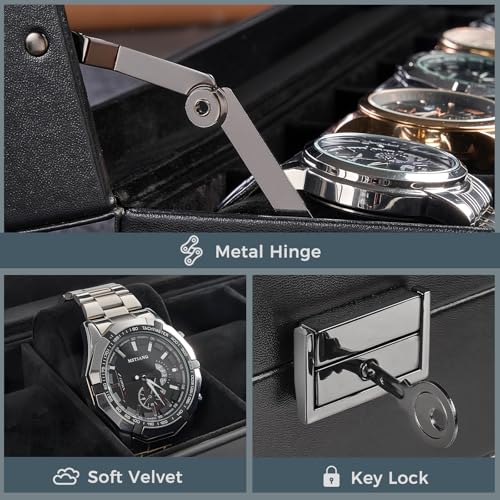 ProCase 6 Slots Watch Case Box for Men -AllBlack | PU Leather Man Watch Organizer, Soft Pillow, Lockable Glass Display Lid, Storage Holder for Watch Collection