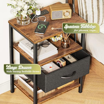 SUPERJARE Nightstand with Charging Station, Bed Side Table with Adjustable Fabric Drawer, Night Stand for Bedroom, 3-Tier Storage End Table, for Living Room, Rustic Brown and Black