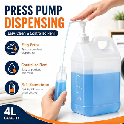 METAPACK 2 Pack 1 Gallon Jug with Pump, HDPE Plastic Laundry Detergent Container, Empty Square Jug for Liquid Soap, Oil, Sauces, Beverage, 4 Labels Included (Translucent)