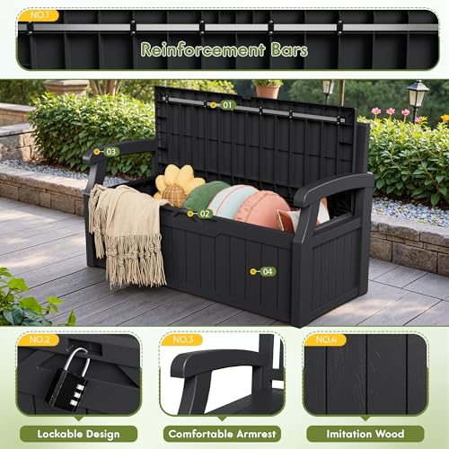Greesum 80 Gallon Storage Bench Outdoor Deck Box with Armrest, Black | Patio Furniture,Lockable, Waterproof and UV Resistant, Suitable for Garden, Pool