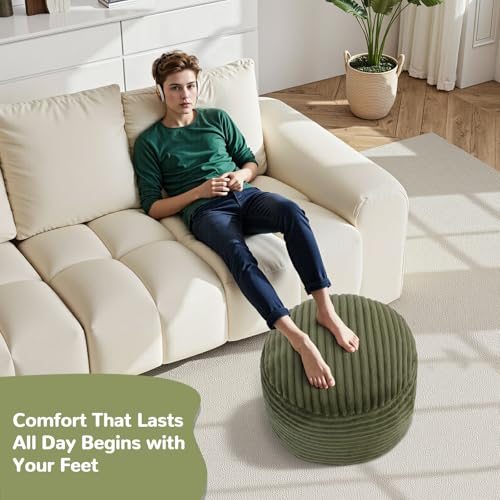 MeMoreCool Stuffed Round Pouf Ottoman Foot Rest, Corduroy Footstool, Green | Soft corduroy floor pouf footstool, foam filled round footrest for living room couch or sofa