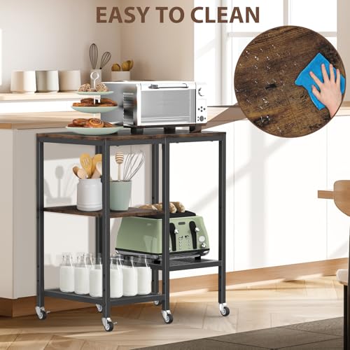 Rolling Kitchen Microwave Cart,4 Tier Microwave Stand,Brown | Utility Cart on Lockable Wheels,Open Storage for Spices, Pots，Small Side Table,Coffee Cart for Living Room Office, Balcony