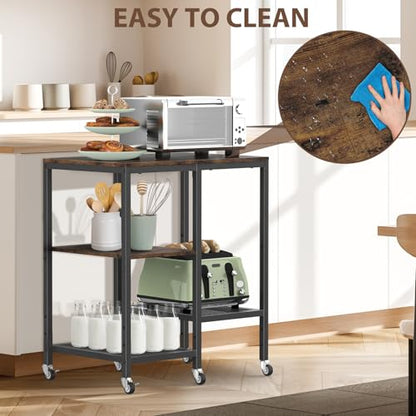 Rolling Kitchen Microwave Cart,4 Tier Microwave Stand,Brown | Utility Cart on Lockable Wheels,Open Storage for Spices, Pots，Small Side Table,Coffee Cart for Living Room Office, Balcony