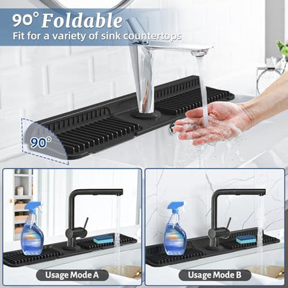 PoYang 24 Inch Faucet Mat for Kitchen Sink Splash Guard, Silicone, Black | Sink Protectors with 7° Slope for Smooth Drainage, Snap Button Holds It in Place, 90° Foldable & Cuttable Hole Fit Most Sinks