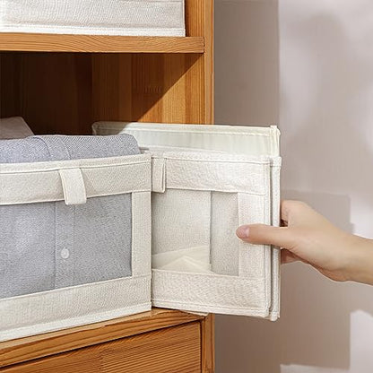 Pradnel Linen Closet Organizers And Storage, 4 Pack Storage Bins Baskets for Organization Foldable Organizer with Clear Window Organizing Clothing, Jeans, Shelves