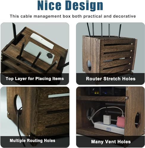 Wooden WiFi Router Storage Box Charcoal Retro Wood Router Hider Box Modem Store Boxes, Double-Layers WiFi Hiding Boxes Internet Hiders No Signal Blocking Router Cabinet Wood