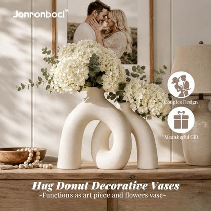 Hug Donut Decorative Vase Set - Modern Nordic Boho Style Vases Home Decor, Matte Ceramic Decorations for Living Room Shelf, Bookshelf Mantle Entryway Table or Console Décor (Cream White)