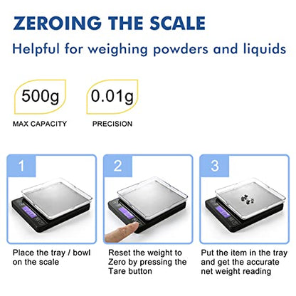 KitchenTour Mini Gram Scale for Coffee, Jewelry and Small Items, 500g x 0.01g Digital Pocket Scale with Tare, 6 Units, Back-Lit LCD, 2 Trays, Black