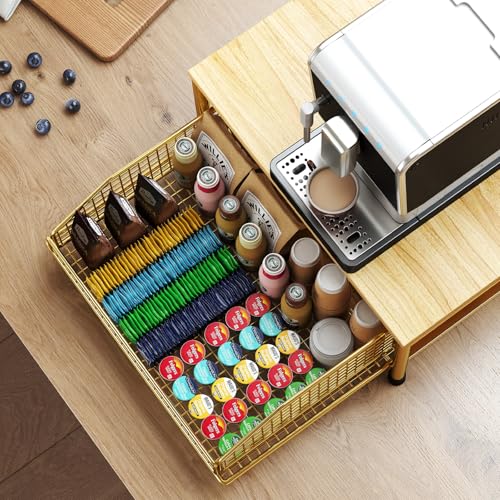 Funecy Coffee Pod Drawer Holder,Coffee Machine Storage Rack,Home Kitchen Counter Coffee Bar Organizer,Storage Basket Drawer (Gold)